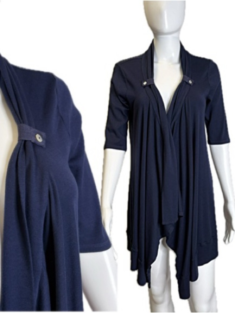 Splendid Draped Knit Open Cardigan Women Size Large Navy 1/2 Sleeve Cotton Modal